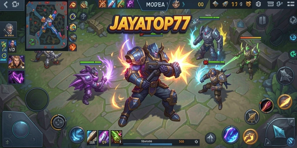 Screenshot gameplay JAYATOP77 menampilkan aksi pertempuran MOBA yang intens.