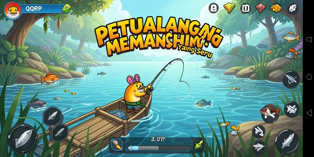Screenshot menunjukkan pemain menangkap ikan di dalam game QQRP.
